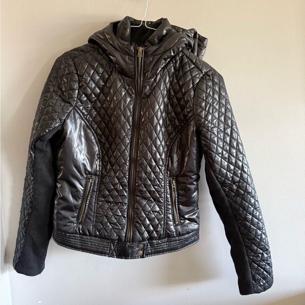 Aeropostale Quilted Faux Leather Jacket Women’s Medium Black Moto Hooded Zip Up